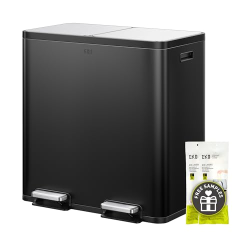 EKO EcoCasa Plus 2 x 10.6 Gal (2 x 40 L) Dual Trash Can for Kitchen, Large Stainless Steel Step-On Garbage Can, Trash and Recycle Bin Combo with Soft-Close Lids, Removable Buckets, Matte Black