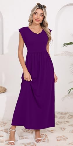 Image of DB MOON Womens 2026 Maxi Dresses Empire Waist Long Summer Dress Casual Cap Short Sleeve Sundress with Pockets