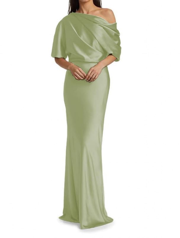 Image of Mermaid Satin Mother of The Bride Dresses for Women Ruched One Shoulder Formal Evening Gowns