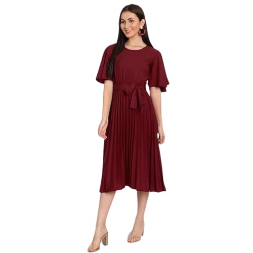 Image of KUDUZO Women's Crepe Long Pleated Below Knee Length Flutter Sleeve Round Neck S to XL Maxi Dress for Girls. (EG-U0IM-B9A1)