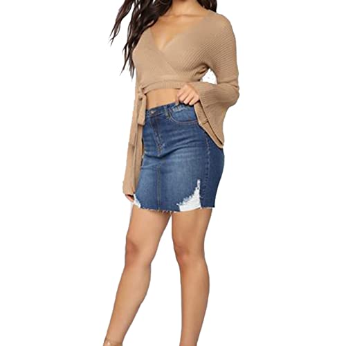 Women's Denim Skirt Women's Ripped Package Hip Skirt Denim Stretch Skirt Summer2