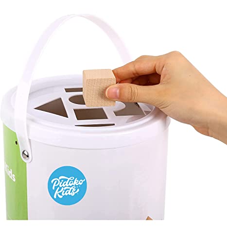 Pidoko Kids Wooden Blocks - 100 Pcs - Building Blocks For Toddlers - Includes Storage Container With Shape Sorter Lid - Natural Beech Wood Blocks - Preschool Learning Toys Stacking Block #TOP2