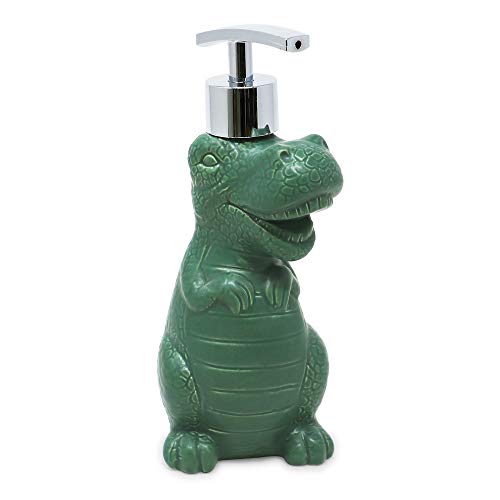 Isaac Jacobs Green Ceramic Dinosaur, Liquid Soap Pump/Lotion Dispenser with Chrome Metal Pump (Holds Up to 12 Oz.) – Great for Bathroom, Kitchen Countertop, Bath Accessory (Green)