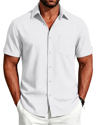 Image of COOFANDY Men's Button Down Shirts Short Sleeve Casual Shirts Summer Beach Linen Shirts with Pocket