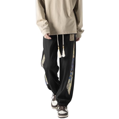Seidarise Men's Artistic Pattern Men's Black Pants, Tassel Drawstring & Loose Fit, Trendy Casual Wear