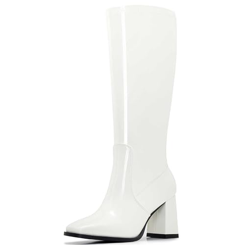 Image of Knee High Boots for Women - Wide Calf Boots with Zipper, Square Toe Tall Leather Boots, Chunky Heel Fashion Long Boots