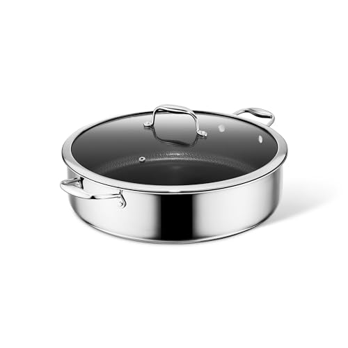 Image of HexClad Hybrid Nonstick 10-Quart Deep Saute Pan with Tempered Glass Lid, Stay-Cool Handle, Dishwasher-Friendly, Oven-Safe Up to 900F, Induction Ready, Compatible with All Cooktops