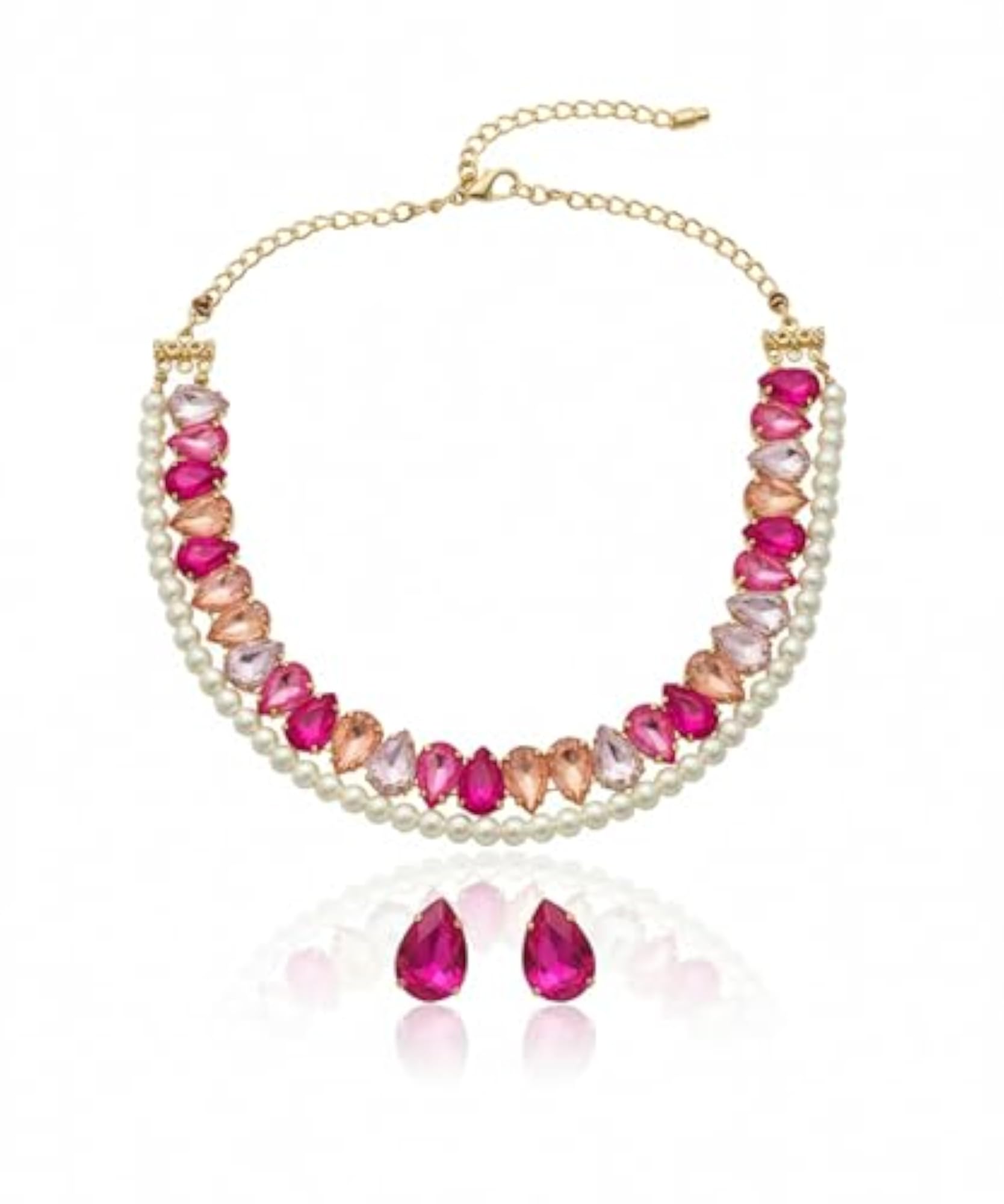 Women's Statement AD CZ American Diamond Pearl Necklace Set