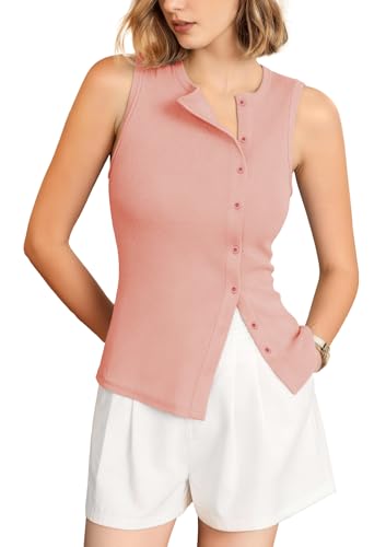 Outfeel Women's Asymmetric Button Down Tank Top - Cute Casual Ribbed Knit, Form-Fitting Slim Fit Sleeveless Cami Summer Top Pink Large