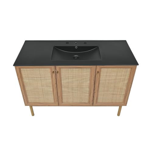 Image of Swiss Madison Classe 48 in. Brown Oak Bathroom Vanity with Black, 3-Hole Ceramic Sink Top