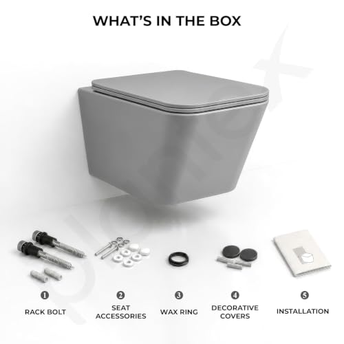 Image of Plantex Rimless Western Toilet /Imported Italica Ceramic Wall Hung Commode Toilet /Washdown Commode with Soft Closing Toilet Seat - P Trap (Square - Matt Light Grey)