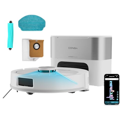 Cecotec Robot Aspirador Base Autovaciado 3L - Navegación Láser - 25000Pa - Conga Y80 Pearl. Autonomía 240mins en Modo Eco, Cepillo Silicona, Ideal Casas con Mascotas, Bluetooth y WiFi, Incluye 1 Mopa