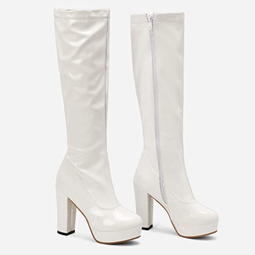KISSASA Womens Patent Knee High Gogo Boots Chunky High Heel Platform Zip Up Boots4