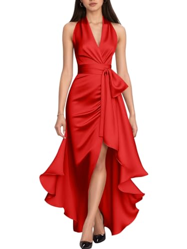 High Low Prom Dresses for Women Elegant V-Neck Halter 2025 A-Line Pleated Satin Party Gowns Tie Waist JA0318
