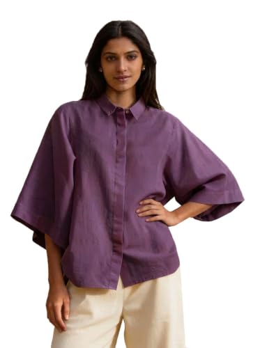 Image of Shirt for Women | Casual Button Down Long Sleeve Blouse | Oversized Striped Loose Fit Cotton Top with Pocket | Trendy Collar Aesthetics & Streetwear Tunics(34-S-1-5)