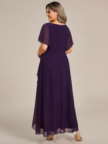 Image of Ever-Pretty Women's Plus Size V Neck Applique Short Sleeve Maxi Formal Wedding Guest Dresses Deep Purple US24