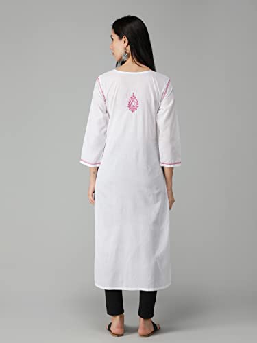Image of Seva Chikan Hand Embroidered Lucknowi Chikankari Regular Straight Cotton Kurta Kurti for Women SCL4243