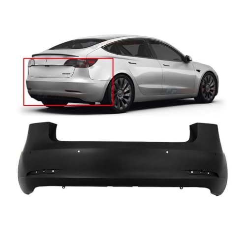 Image of FitParts Compatible with Tesla Model 3 2017-2023 Rear Bumper Cover | Primed, With Parking Sensor Holes, With 6 With Parking Sensor Holes, Ready to Paint, OEM 1108905S0A, TA1100100