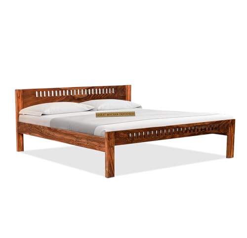 Image of SANKAT MOCHAN Industries Solid SHEESHAM Honey Brown Wooden Queen Size Bed Double Bed Furniture for Bedroom (Matters Size 60 * 72) (Honey Finish)