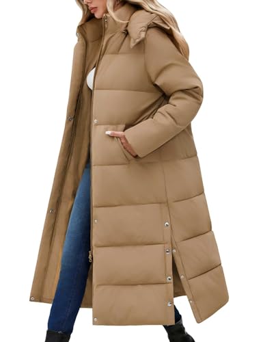 UMIPUBO Women's Long Maxi Down Coat Winter Puffer Jacket Warm Padded Outerwear Faux Fur Removable Hood Parka Full-Zip(Khaki,L)