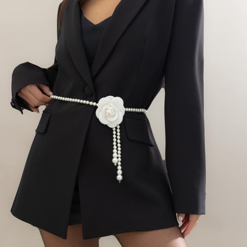 Pearl Waist Chain Camellia Pearl Tassel Waist Chain Black White Flower Waistband Adjustable Flower Belt Dress Sweater Chain Wedding Bridesmaid Dress Belt for Women2