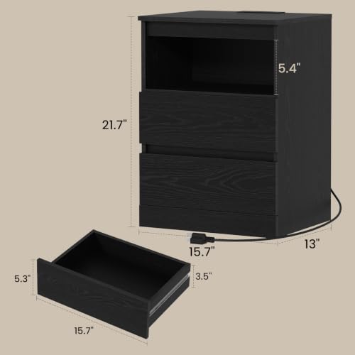 Nightstands Set of 2 with Charging Station, LED Lights and Drawer, Black - Image 3