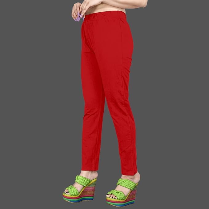 Image of Women's Solid Cotton Lycra Pants-High Waist Slim Fit Stretchable Leggings - Comfortable Long Trousers for Casual, Office & Everyday Wear