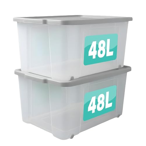 Optimal Products Set Of 2 Plastic Storage Box with Lid & Wheels Stackable Heavy Duty Container for Home Garage & Office Organisation Boxes Nestable Portable Multipurpose Room Organiser (48 Litre)