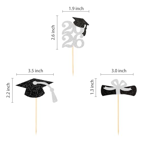 Image of Class of 2026 Glitter Graduation Cupcake Topper, Food /Appetizer Picks for Graduation Party (Silver)