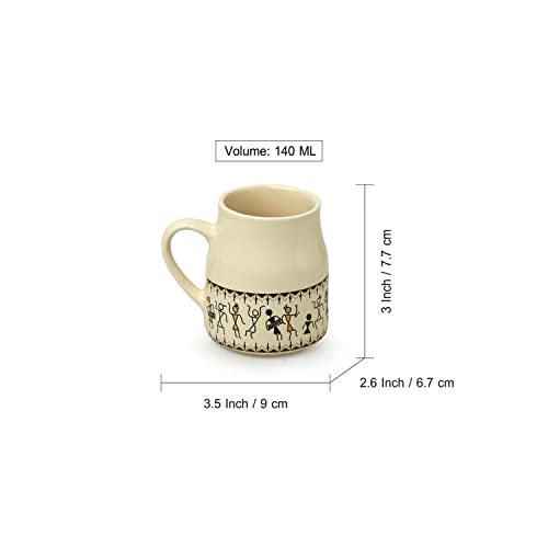 Image of ExclusiveLane 'Warli Village Tales' Ceramic Tea Cups Set of 6 for Tea Cups Ceramic (140 ml, Microwave Safe, Dishwasher Safe, Beige)| Coffee Cup Set Ceramic Cups Set of 6 Tea Cup Ceramic Drinkware