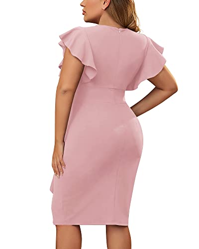 Image of Miusol Women's Plus Size Vintage V Neck Ruffles Sleeve Bodycon Business Cocktail Party Pencil Dress