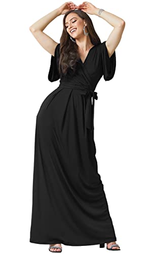 Koh Koh Womens Long Formal Short Sleeve Cocktail Flowy V-Neck Casual Bridesmaid Wedding Party Guest Evening Cute Maternity Work Gown Gowns Maxi Dress Dresses, Black S 4-6 #TOP16