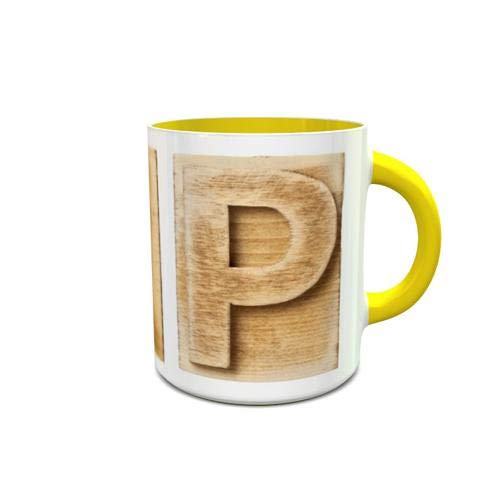 IMPRESS White and Yellow Ceramic Mug with Wooden Colored Alphabet P Design 322