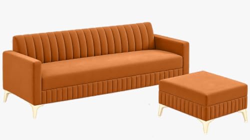 Image of AMATA Falcon 4 Seater L Shape Suede Velvet Fabric Orange Colour Sofa Set with Two Cushions Perfect for Home Office Guests Living Room (Falcon Orange, Falcon 4 Seater l Shape)(3 Year Warranty)