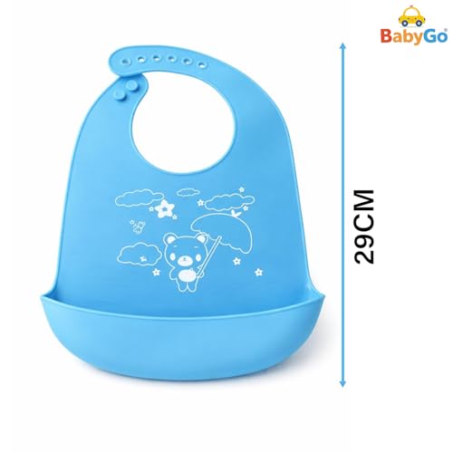 Image of BabyGo Silicone Baby Bib for Feeding & Weaning Infants & Toddlers |Waterproof, Washable & Reusable | Adjustable, Lightweight & Foldable Bib with Food Catcher Pocket |Light Blue (Pack of 1)