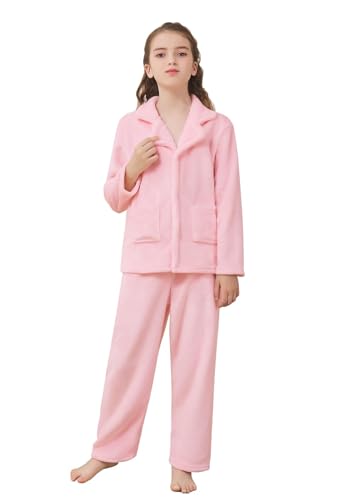 Umeyda Girls Fleece Pajamas Long Sleeve Flannel Button Down Sleepwear Kids Soft Fuzzy 2 Pieces Pjs Loungewear Sets2