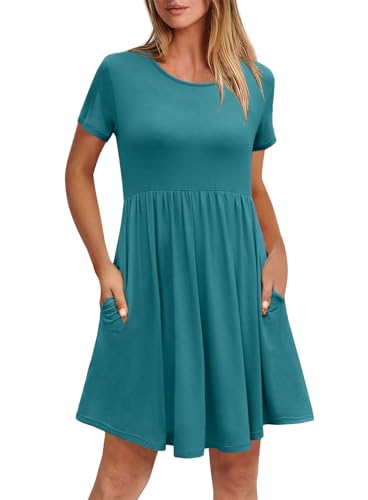HiMONE Summer Dresses for Women Casual Short Sleeve Mini Sundresses with Pockets Green Blue