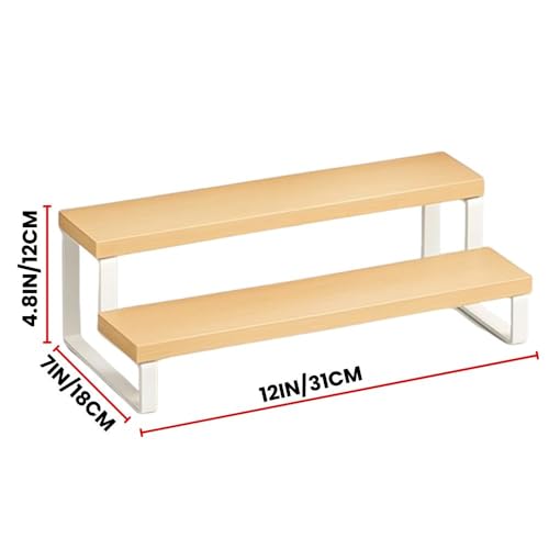 Image of Decorlay 2-Tier Metal & Laminated Board Stairs Spice Rack Cosmetic Organizer Stand, Kitchen Countertop for Pantry Cupboard, Countertop (Beech+White)