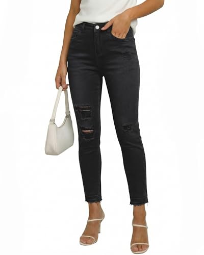 luvamia Distressed Cropped Skinny True Black Jeans Womens Stretchy Trendy Ripped Denim Pants Womens Skinny Jeans Stretchy High Waisted Destroyed Jeggings Medium US Size 8-10