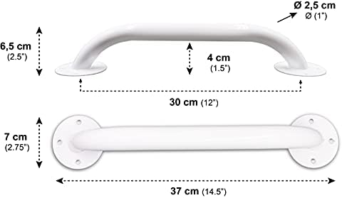 Pepe - Grab Rails for Bathroom 12" (x2 Units), Shower Handles for Elderly, Toilet Grab Handles for Disabled, Hand Rails for Bathrooms, Bath Grab Bar for Shower, Epoxy Steel, Bathroom Grab Rails White