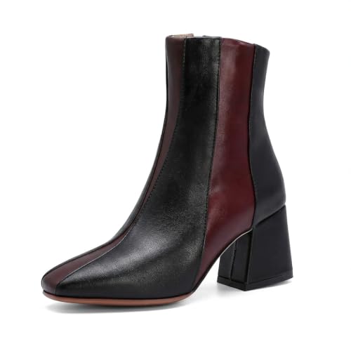 Women's Two-Tone Ankle Boots with Square Toe and Block Heel for Office (Black,7)