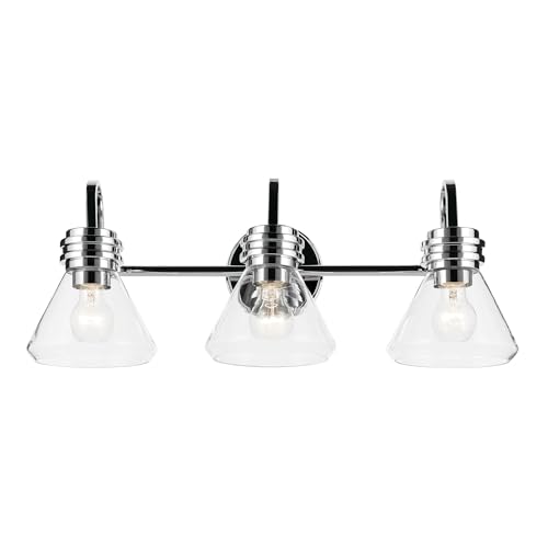 Image of Kichler Farum 26 inch 3-Light Bathroom Vanity Light Fixture with Clear Glass in Chrome, Modern Wall Mount Over Mirror for Single or Double Vanity (26 inch W x 9.5 inch H), 55155CHCLR