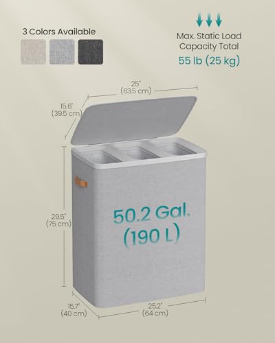 Image of SONGMICS Laundry Basket, 50.2 Gal. Laundry Hamper, 3 Compartments, Easy Assembly, with Lid and Handles, Removable Liners, 25.2 x 15.7 x 29.5 Inches, Dove Gray ULCB814GD01