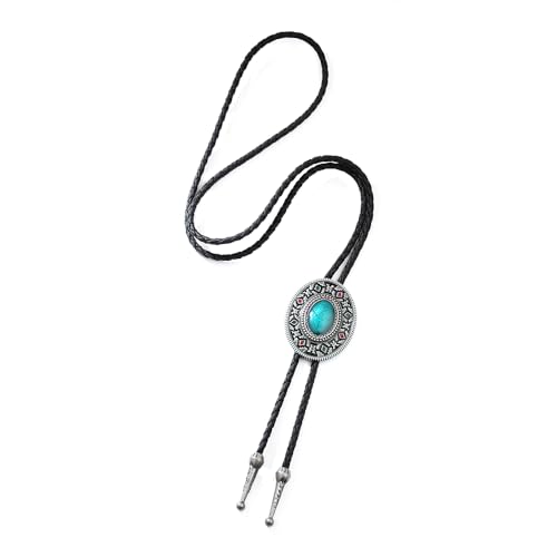 Image of AZORA Western Cowboy Bolo Tie Men Leather Necktie Leather Cord Turquoise Stone Bolo Ties for Men Women