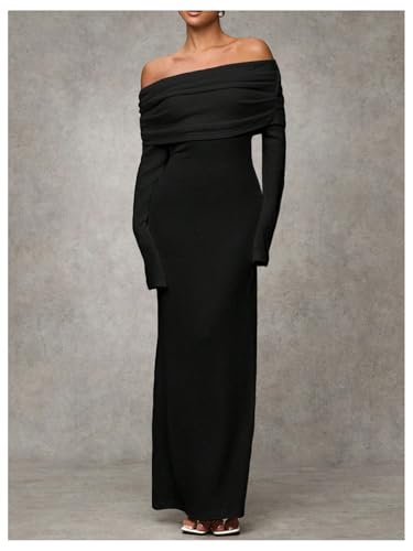 SOLY HUX Women's Off The Shoulder Maxi Dress Long Sleeve Bodycon Ruched Party Wedding Guest Long Dresses3