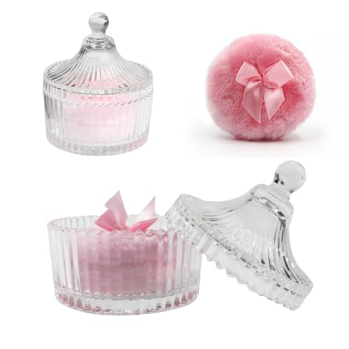 Habitable tree 2 Pcs Large Body Powder Puff and Container Powder Container with Puff Crystal Case Soft Washable Reusable Velour Face Body Glitter Wet Dry Makeup