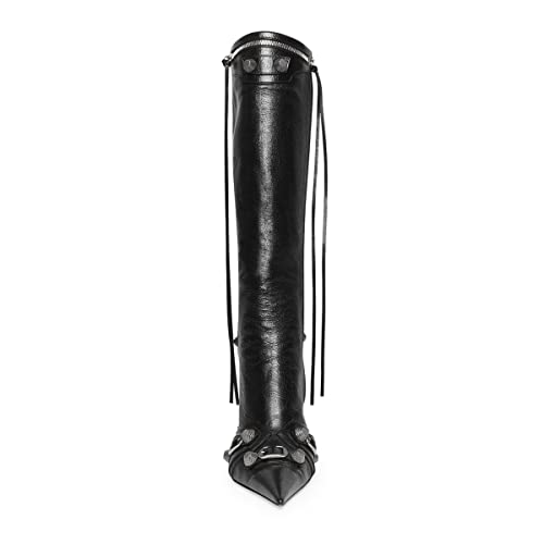 Goolita Women's Pointed Toe Rivet Knee High Boots Stiletto High Heel Punk Style Boot Thin Tassels Buckle Long Bootie3