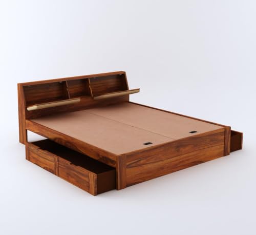 Image of TG Furniture Sheesham Wood King Size Bed with Pullout Storage | Wooden Double Bed with 2 Drawer Storage for Bedroom Platform Cot Bed Palang | 78 * 72 Inch (Natural Finish)