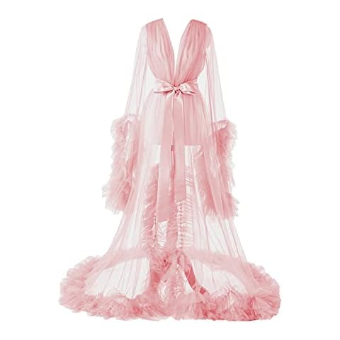 Daily Life Mall Women's tulle Robe dress pink Maternity Photoshoot Sheer Puffy Bridal Wedding Dressing Gown Long Illusion tulle bridal robe Nightgown Cover