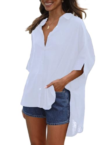 Fashionme Oversized Button Down Shirts for Women 3/4 Sleeve Flowy Ladies Tops Blouses High Low with Slits